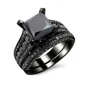 Princess cut black sapphire Sterling ring set
